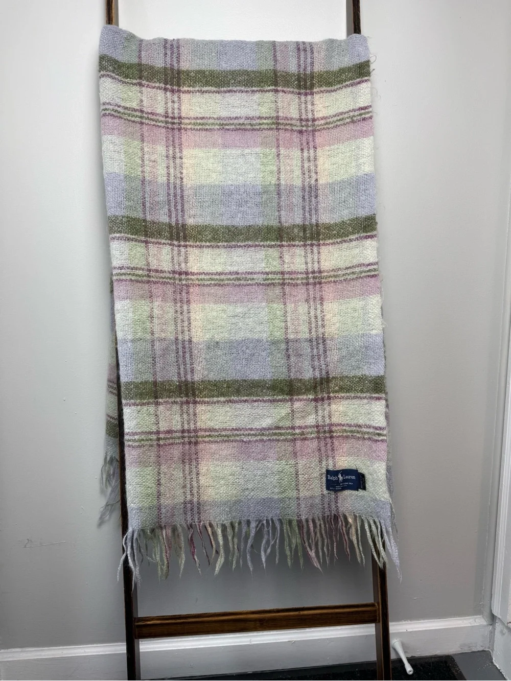 Vintage Ralph Lauren 100% Mohair Wool Plaid Throw Blanket 54x72 USA Made Fringe